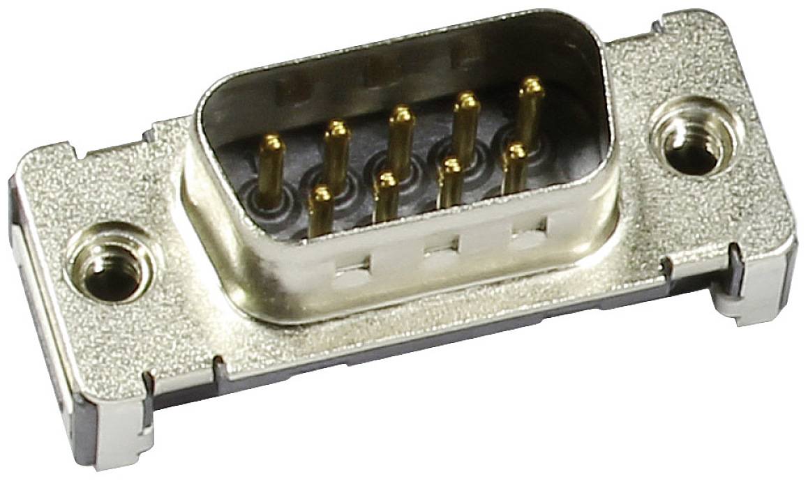 A silver, rectangular connector with nine metal pins arranged in two rows, used for serial interfaces.