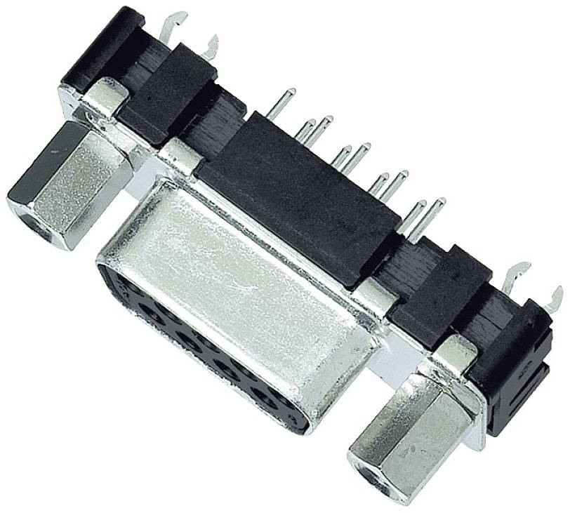 Connector with nine metal pins and black plastic components for computer cable connections.