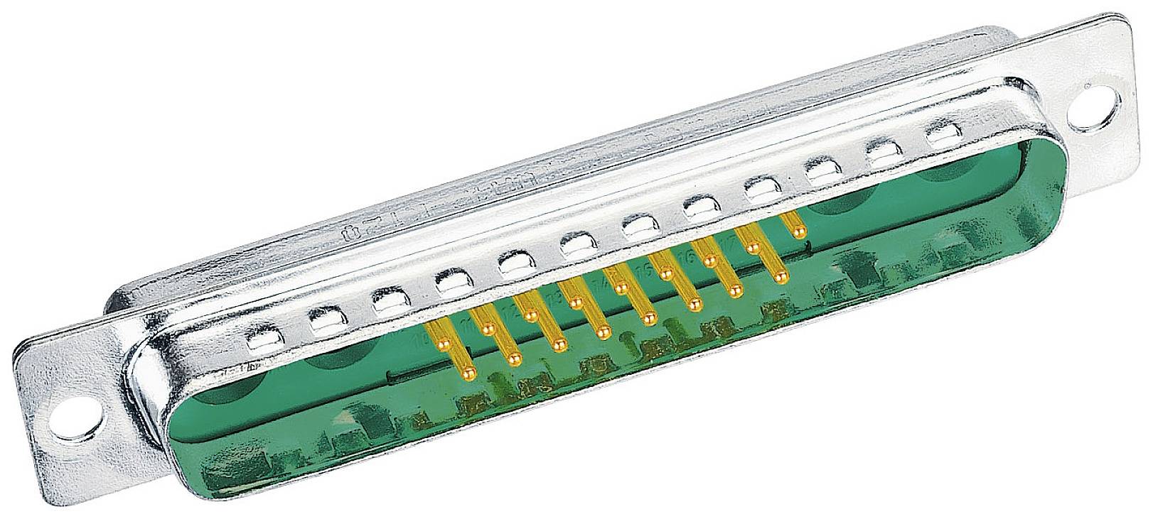 A green D-sub plug with yellow metal pins in a silver metal housing.