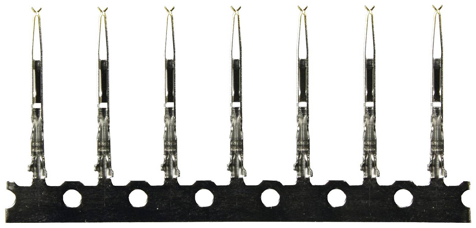 Row of seven electrical pin contacts on a black strip, vertically arranged. Contacts are thin and metallic.