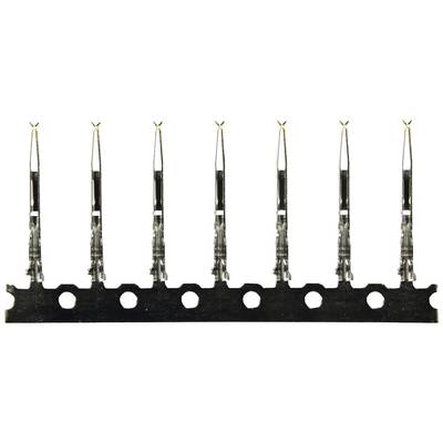 A row of seven metallic connectors on a black strip, positioned vertically pointing upwards.