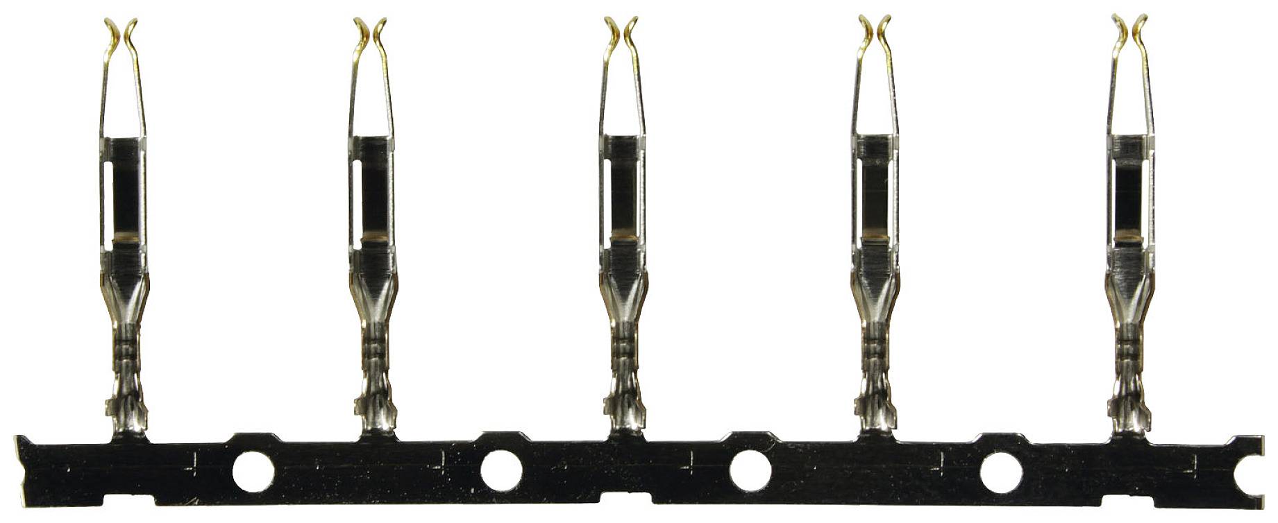 Five metallic clips on a black plastic strip, evenly arranged, against a white background.
