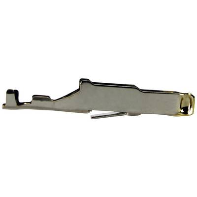 A silver metal clip used for securing cables or wires is positioned sideways on a white surface.