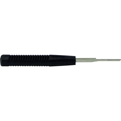 A black-handled screwdriver with a flat metal blade. Suitable for precision work.
