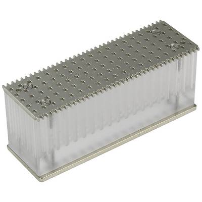 Metallic heat sink with a rectangular shape, ribbed side structure and punched upper plate for heat dissipation.