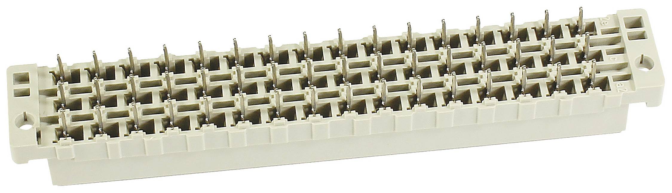 Detailed multi-row connector with metal pins protruding from a rectangular plastic housing.