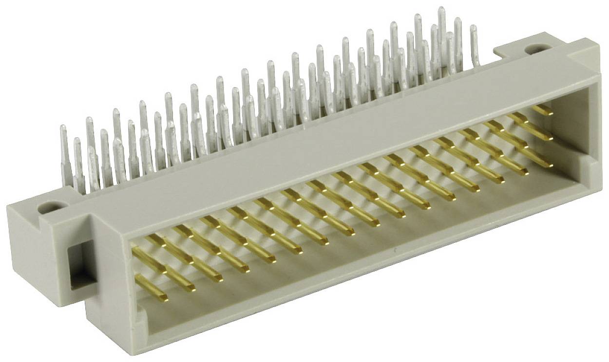 A right-angled connector with multiple metal pins and a plastic casing, suitable for electronic connections.