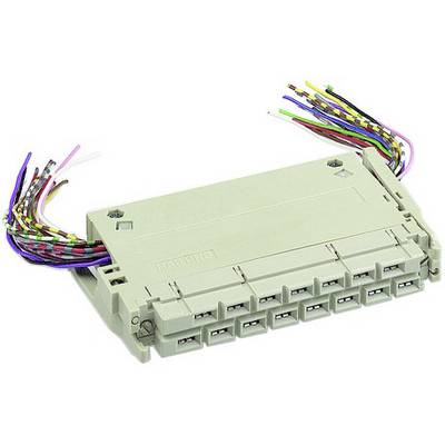 Grey-yellow cable connection module with multiple coloured wires on both sides. Commonly used in telecommunications.