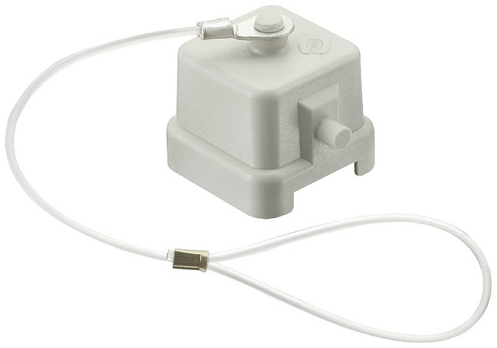 A short white, rectangular button with a sturdy round mounting is connected to a white loop.