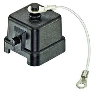 Black electric pressure switch with two terminals and earthing cable, primarily used in electrical systems.