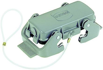 Large, grey industrial plug by Harting with two side locks and protective cap. Features a metal logo and is cable-connected.