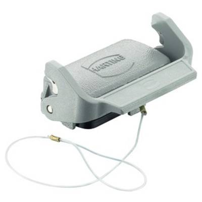A grey industrial connector housing with lever mechanism and cable, suitable for protecting and securely connecting components.