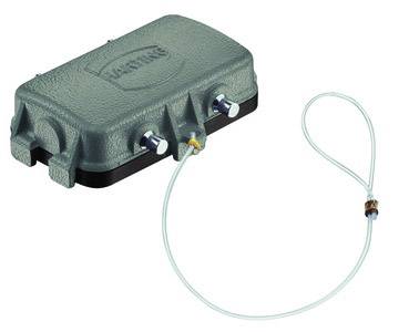 A grey metal casing with two side connections and an attached transparent tube.