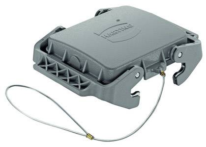 A grey electrical connector with a protective cover, manufactured by a well-known brand, featuring an integrated safety wire.