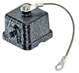 Black, rectangular weight with metal cable and eyelet, likely for technical or industrial applications.