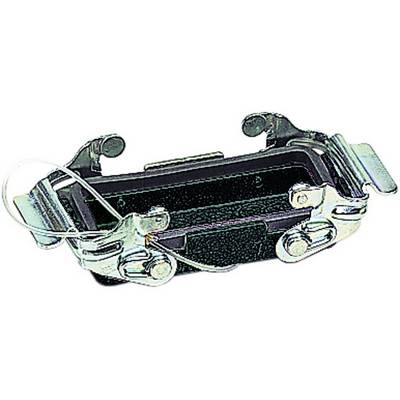 Metal bolt lock with spring-loaded hooks and wire handle, distinctive design for secure fastening on containers.