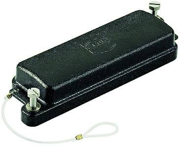 A black rectangular object with a metal fastener. An embossed design is visible on the lid, with a fabric-like cable attached at one end.