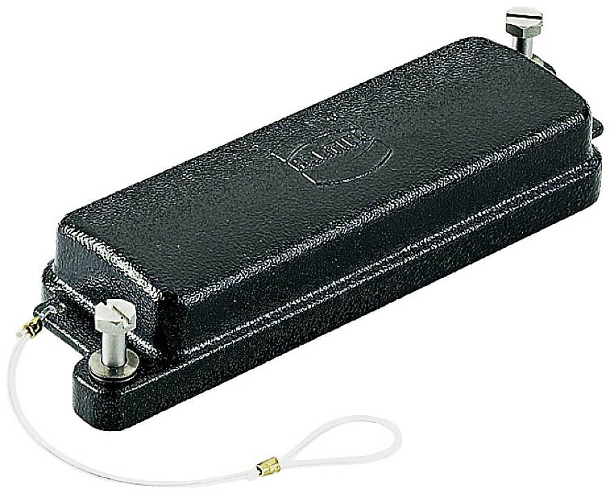 A rectangular black metal enclosure with two mounting screws and an attached cable.