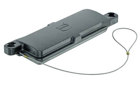 A rectangular, grey metal object with rounded edges and a cable on one side.
