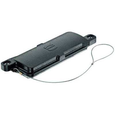 A rectangular, black metal enclosure with rounded corners and an attached wire cable, likely a security seal.