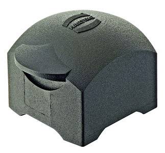 A black, square cover lid with an embossed logo and a rounded corner in a rough texture.