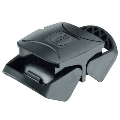 A black, rectangular plastic shoe with a strap closure, suitable for a bicycle pedal system.