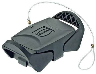 A black bicycle accessory with a mounting bracket and cable lock. It is designed to protect or secure devices on a bicycle.