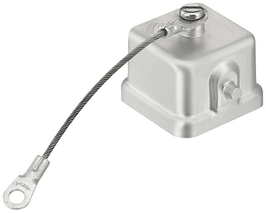 Metal protective cap with securing wire, suitable for electrical connections or plug connectors, square shape.
