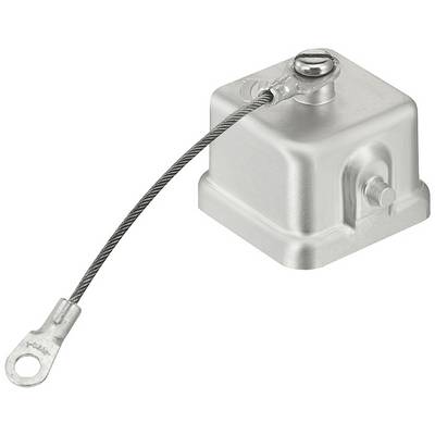 Metal protective cap with securing wire, suitable for electrical connections or plug connectors, square shape.