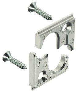 Metal mounting bracket with two screws. The bracket has a circular cut-out in the centre and several drill holes for attachment.