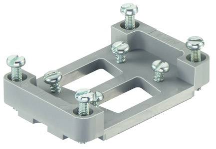 Grey plastic frame with metal plates and several screws fastened at the corners.