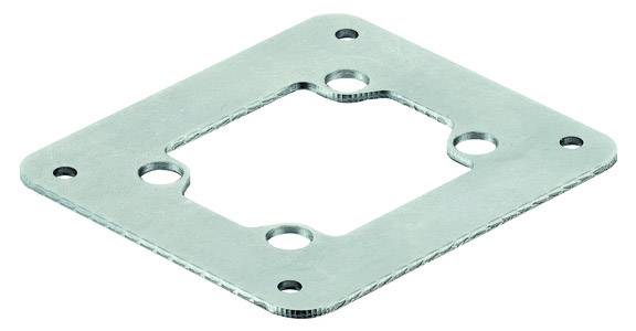 Metal plate with a square recess in the centre and four round holes at the corners.