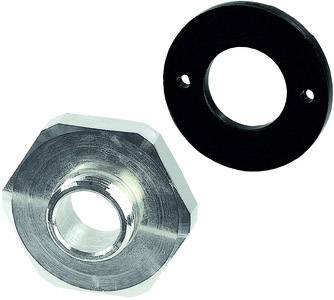 'Two metal components, a hexagonal adapter with internal threading and a round disc with holes.'