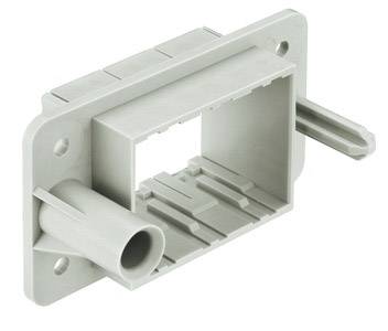 Plastic housing for a built-in device with a rectangular opening and side connections, designed for mounting on flat surfaces.