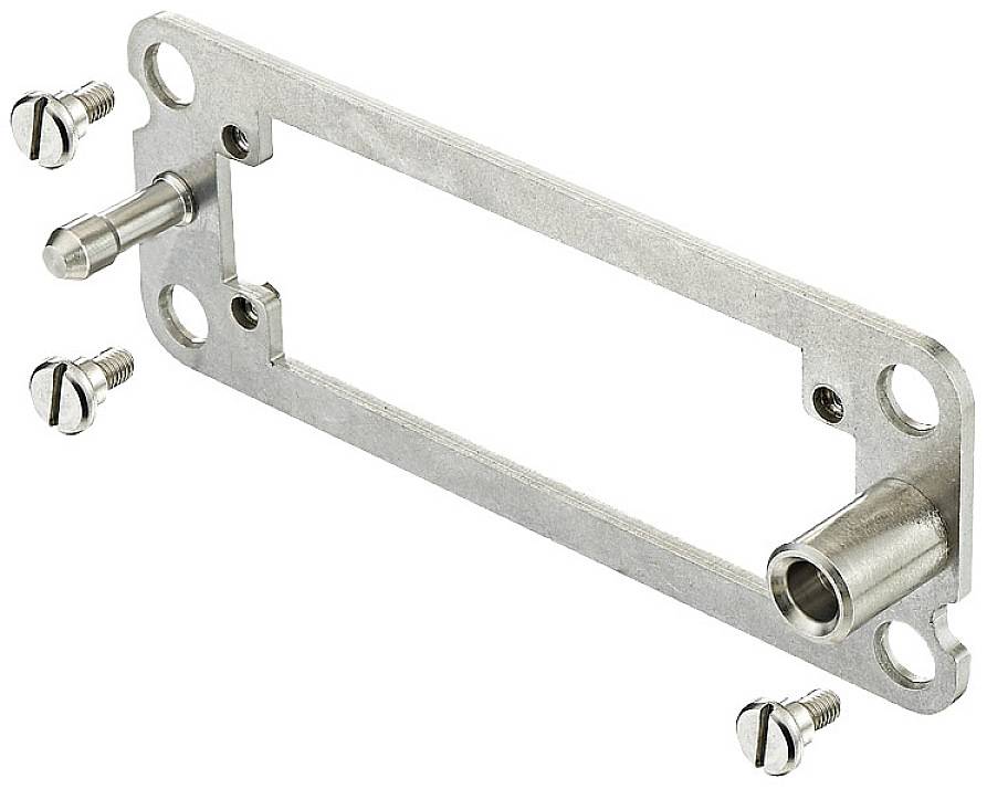Metal plate with a rectangular cut-out, two protruding pins, and four screws. It is used for mechanical connections.
