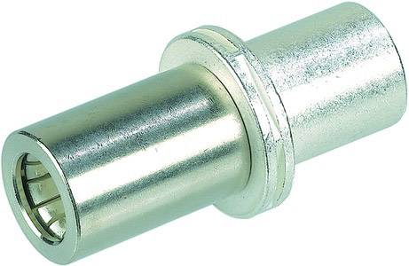 Silver metallic cylindrical plug with a shiny finish and multiple grooves; used for electronic connections.