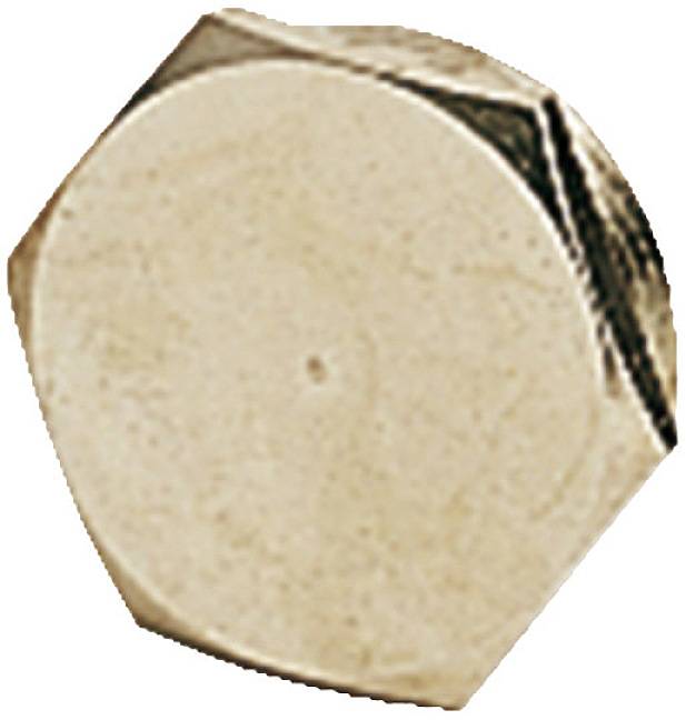 Metal hexagonal nut, golden colour, viewed from above.