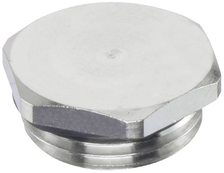 A silver, round metal cap with external threading and a flat, hexagonal top surface, suitable for sealing openings.