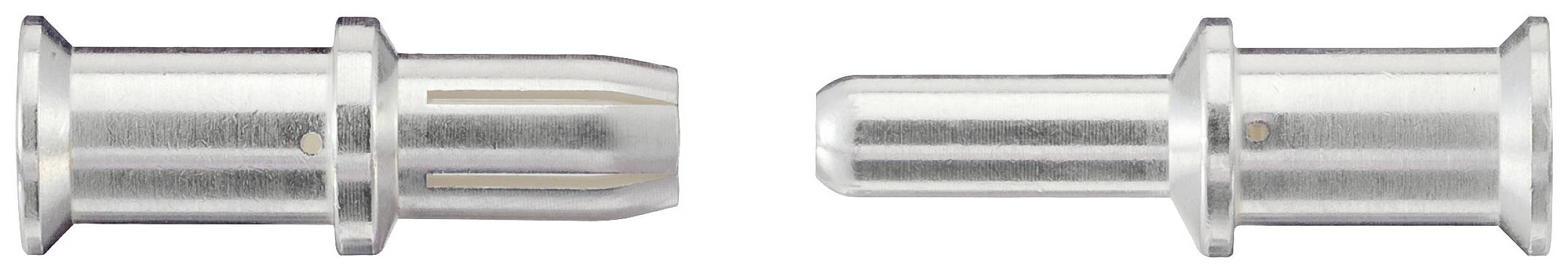 Two metallic connectors side by side, side view. The left one is open, the right one closed. Suitable for electrical connections.