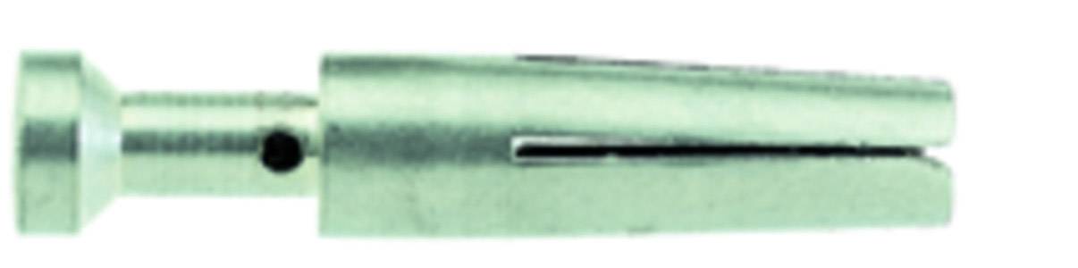 Metallic connector with a cylindrical shaft and splayed end for secure fastening in electronic assembly.