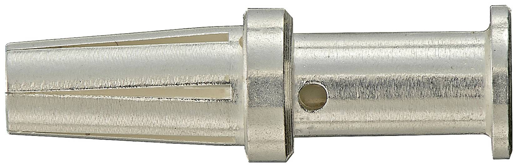 Metallic plug pin with grooves and a circular opening in the middle, viewed from the side.