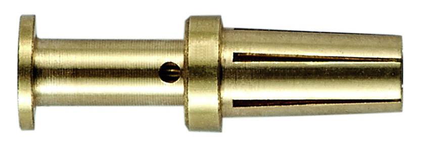 Single metallic adapter or connection piece, likely made of brass, with a round thread and two elongated slots.