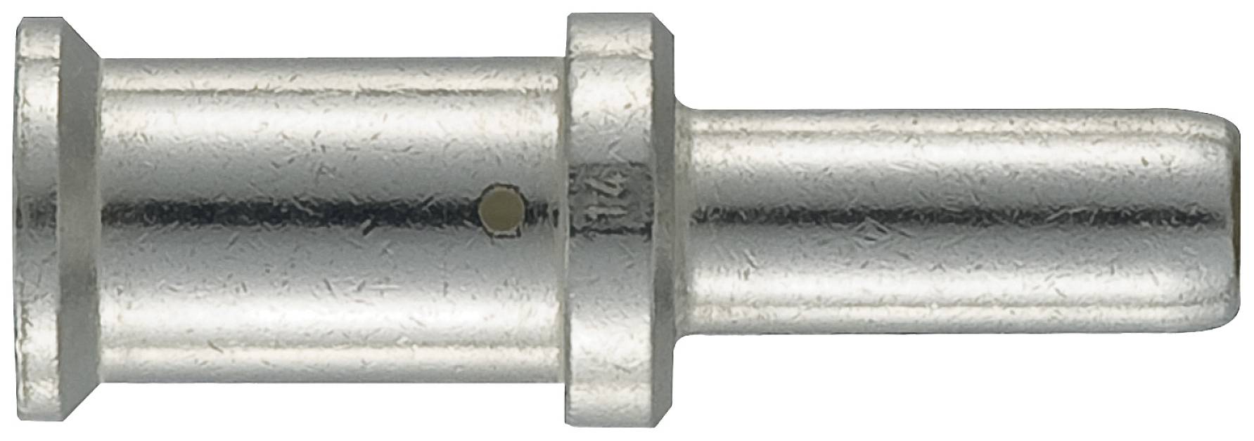 A silver metal component with a cylindrical shape and small grooves along its body, possibly a connector or adapter.