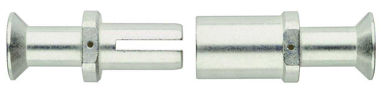 Two silver metal parts: on the left, a U-shaped opening; on the right, a cylindrical plug. Both parts are positioned side by side.