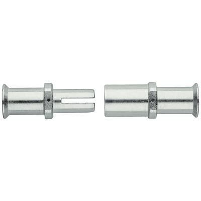Two silver metal cylinders, one with a slit and a hole, the other without. Parts of a locking mechanism.