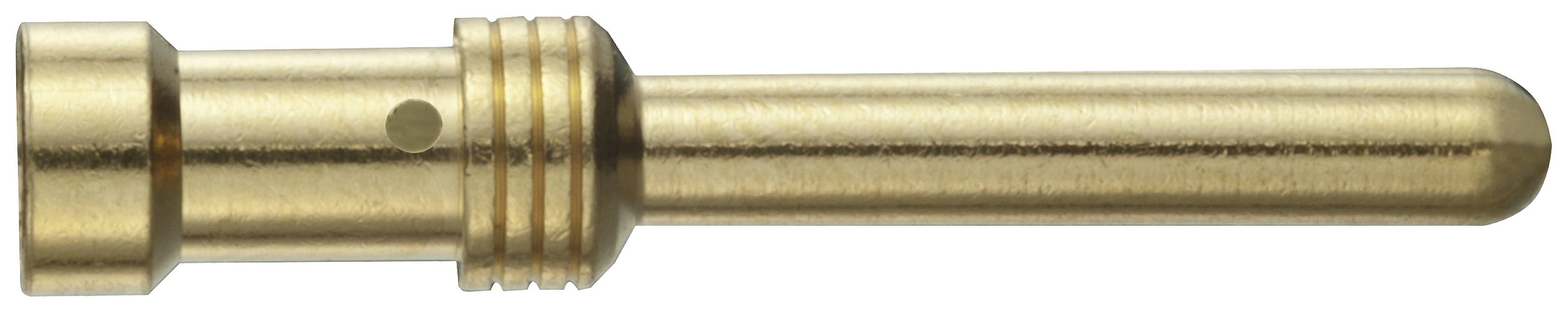 A gold-coloured, metallic pen with multiple grooves, possibly an electrical contact or connection pin.