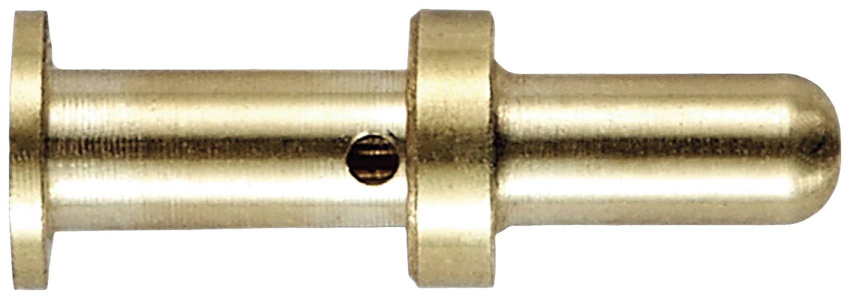 A cylindrical brass pin with a smooth surface and a hole in the centre.