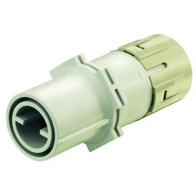 A plastic cylindrical connector with a locking mechanism; used in piping or electrical installations.
