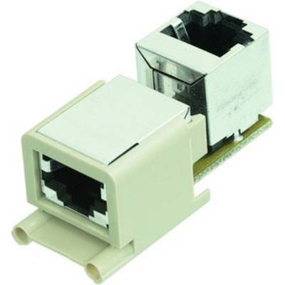 A network cable coupler with two RJ45 sockets positioned side by side, suitable for extending network cables.