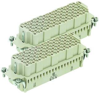 Two rectangular, pluggable electrical connectors with multiple slots, mounted on a metal device. Suitable for industrial applications.